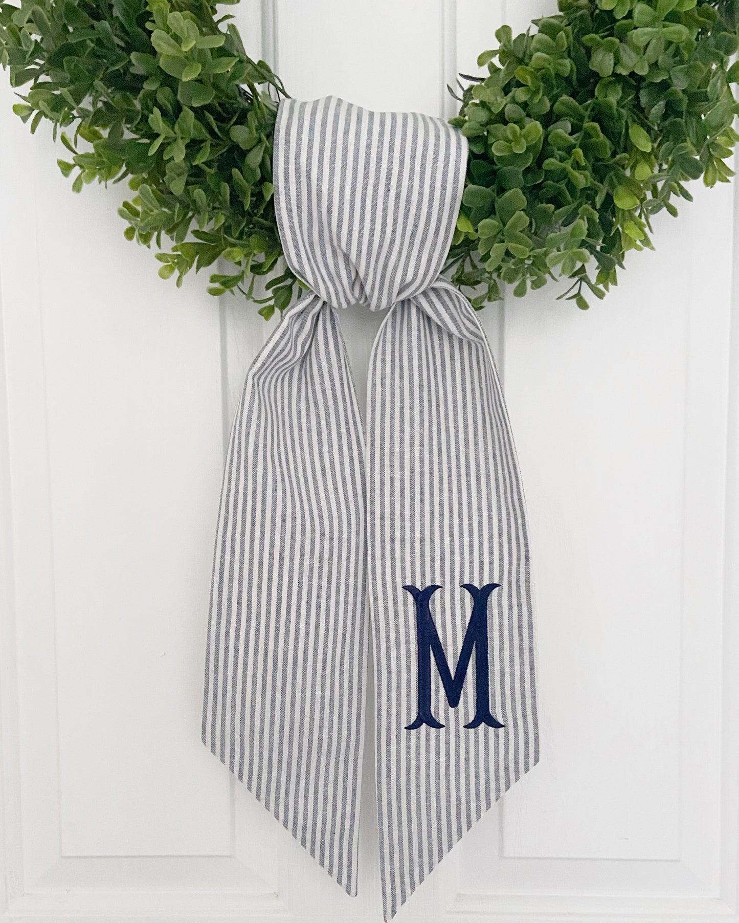 Blue Striped Monogrammed Wreath Sash