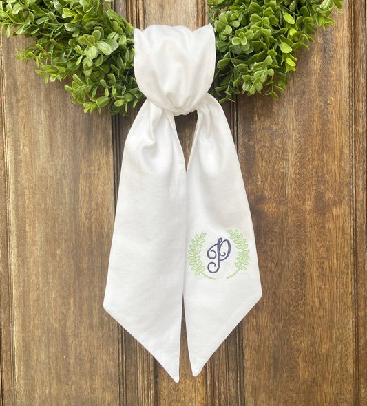 White Floral Frame Monogrammed Wreath Sash