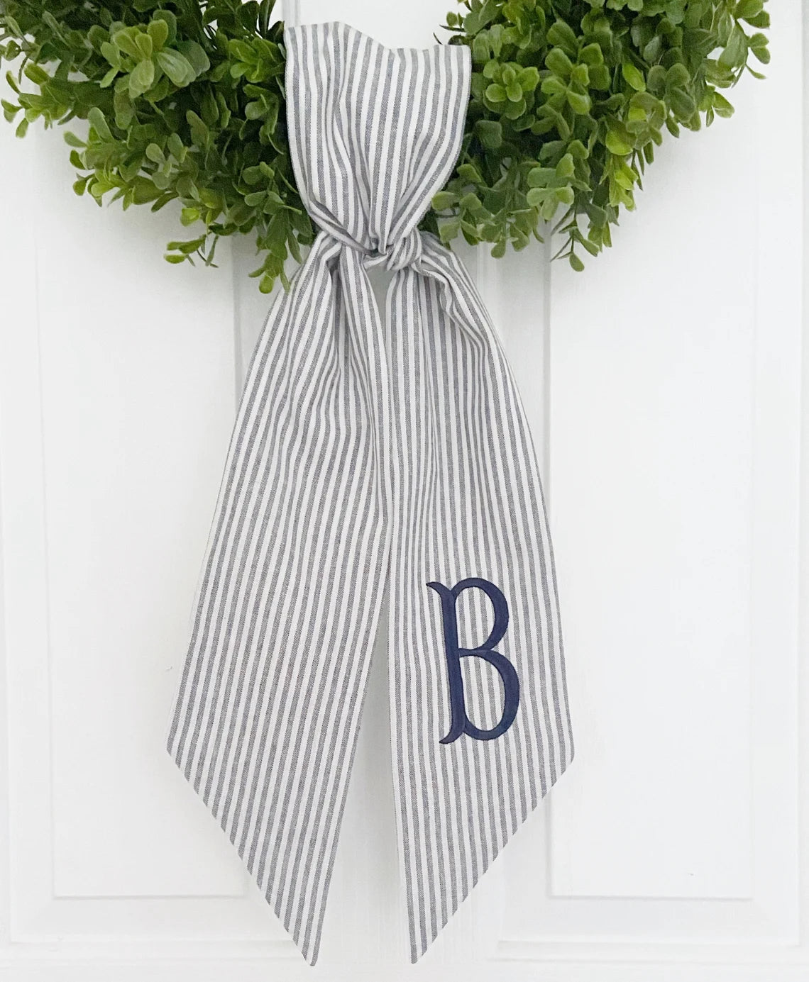 Blue Striped Monogrammed Wreath Sash