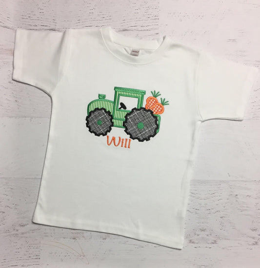 Carrot Tractor Shirt or Bodysuit, Seersucker Easter Tractor, free personalization, Sizes 0-3M-Size 6