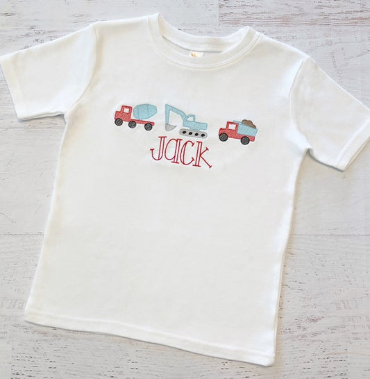 Construction Truck Shirt - Sketch Embroidery - Vintage Embroidered Shirt - Baby Boy Bodysuit - Personalized Shirt - Boy Birthday Shirt