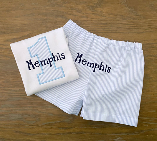 First Birthday Seersucker and Navy Outfit