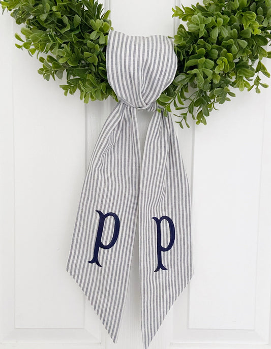 Double Initial Blue Striped Monogrammed Wreath Sash